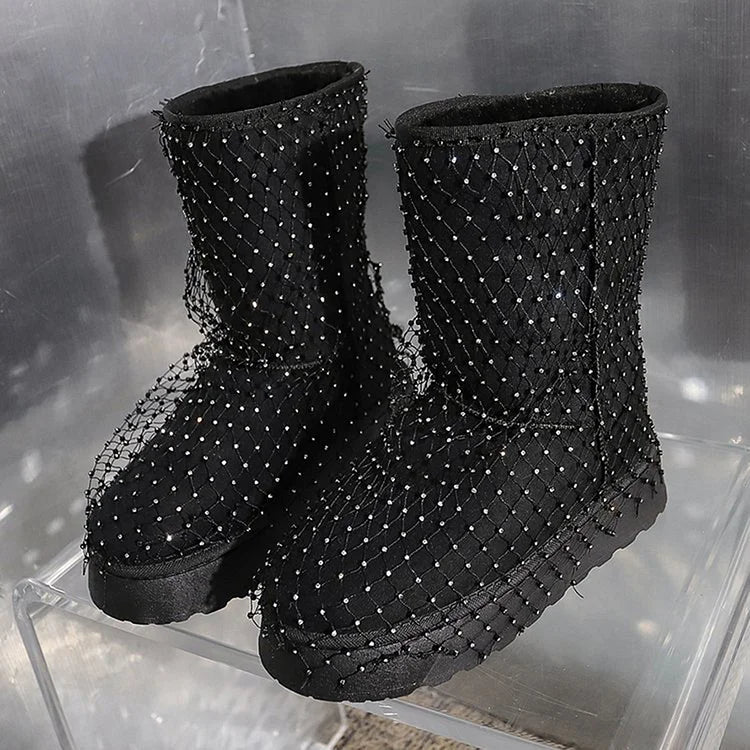 Rhinestone Fishnet Decor Round Toe Pull On Snow Boots