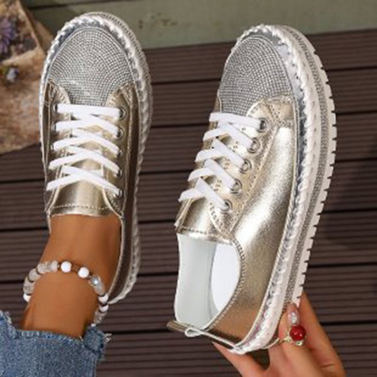 Rhinestone Decor Stitch Detail Round Toe Lace Up Sneakers