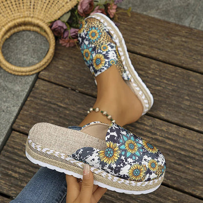 Sunflower Print Closed Toe Espadrille Platform Slippers