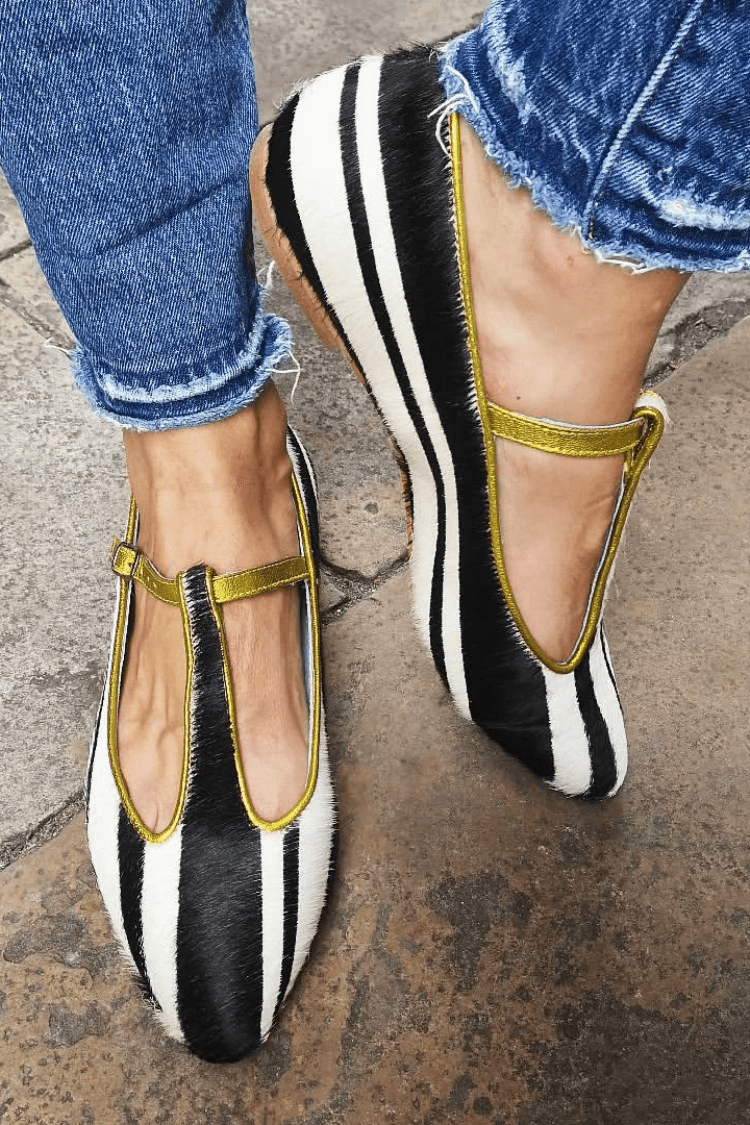 Striped Faux Fur Gold Edge T-Strap Pointy Flats [Pre Order]