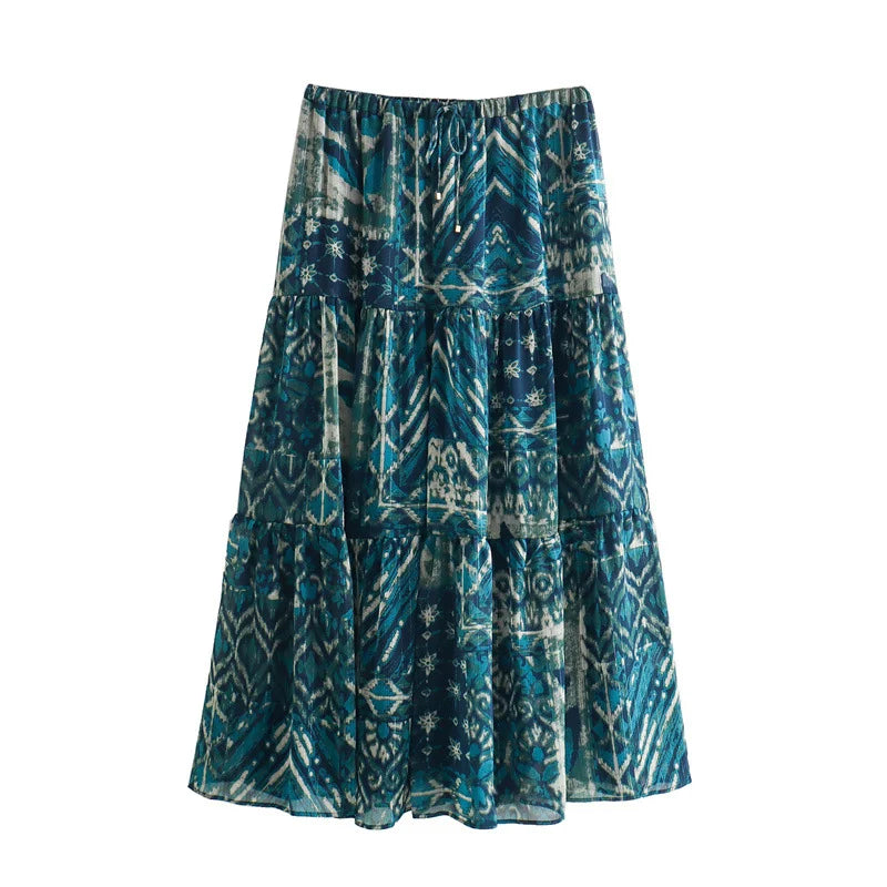 Printed shirt and metallic long skirt two-piece set