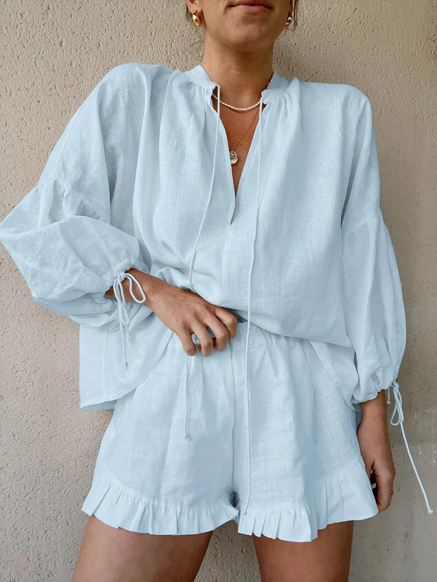 Casual Lantern Sleeve Top Shorts Cotton And Linen Two-piece Set