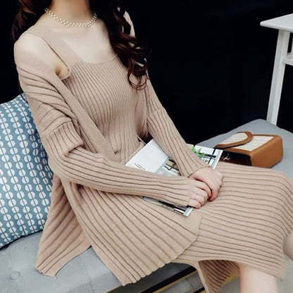 Loose And Versatile Knitted Cardigan Sweater Dress Two-Piece Set