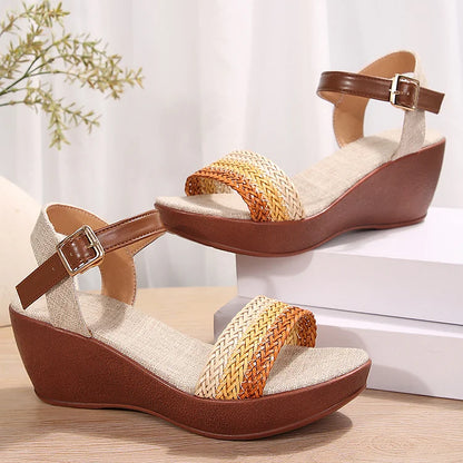 Color Matching Crochet Ankle Strap Peep Toe Platform Wedge Sandals