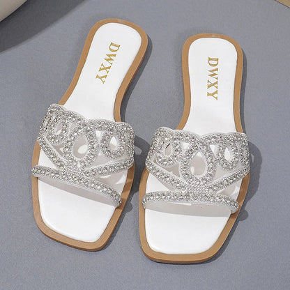 Fashion Rhinestone Hollow Out Square Toe Plain Slippers