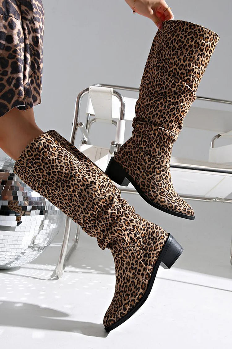 Leopard Print Slouch Pointed Toe Chunky Heel Pull On Knee High Boots