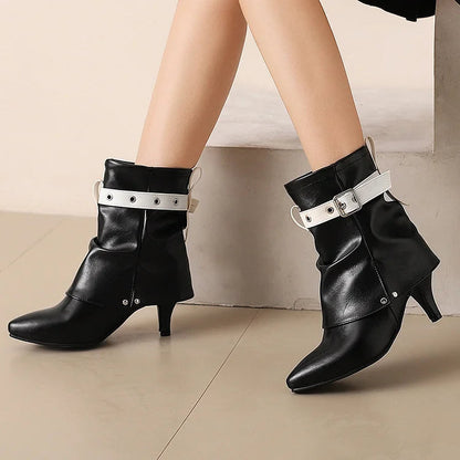 Colorblock Strap Buckle Fold Pointed Toe Stiletto Heel Ankle Boots