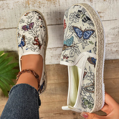 Casual Pattern Print Woven Platform Round Toe Canvas Loafers