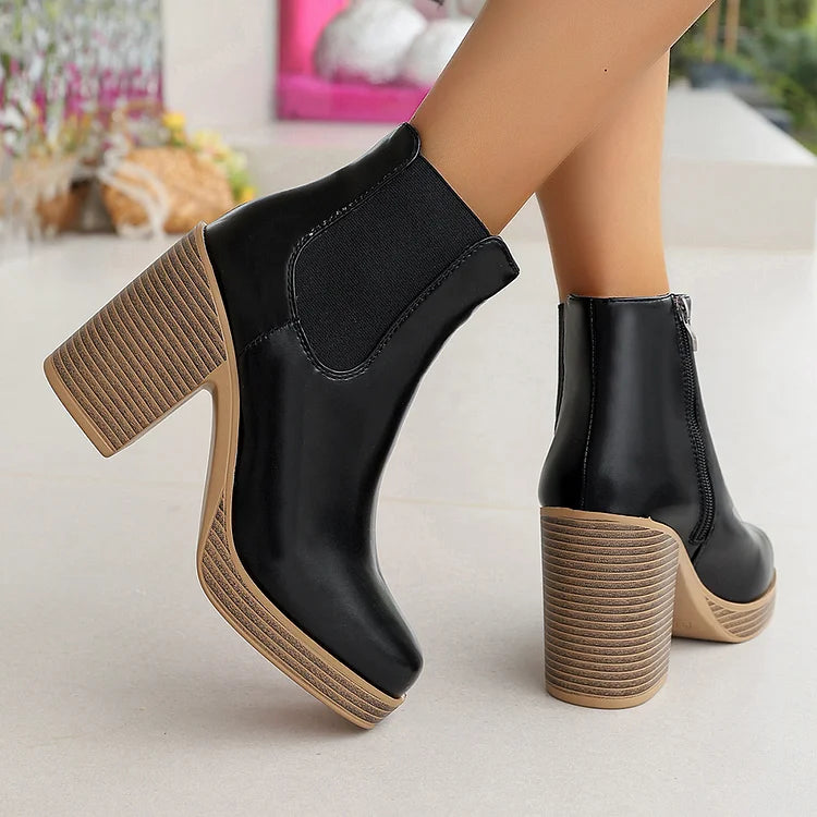 Zipper Patchwork Round Toe Chunky Heel Ankle Boots