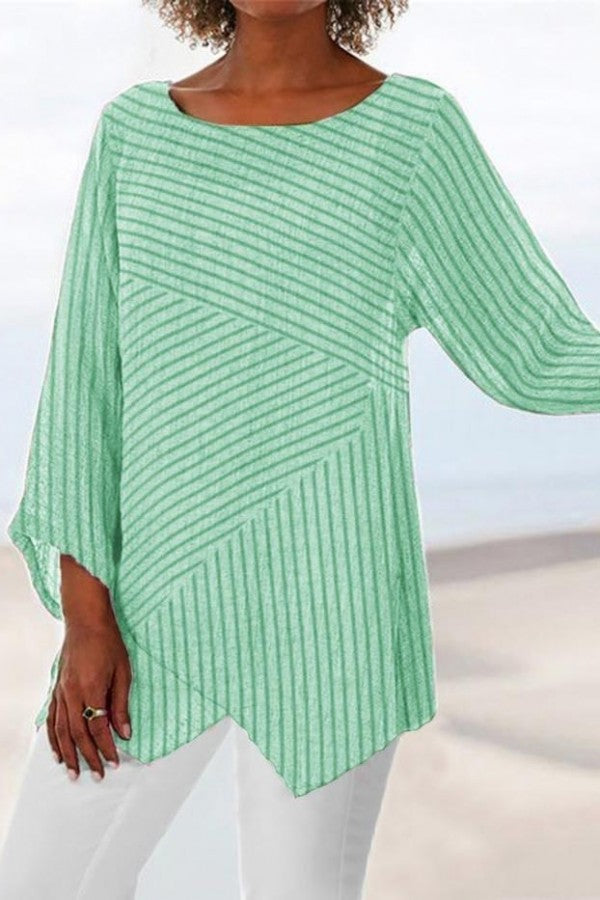 Stripe Print Crew Neck Long Sleeves Blouse