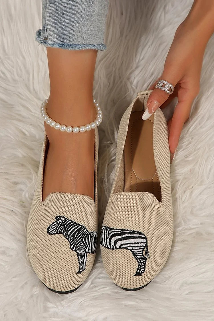 Zebra Pattern Knitted Round Toe Casual Slip On Flats