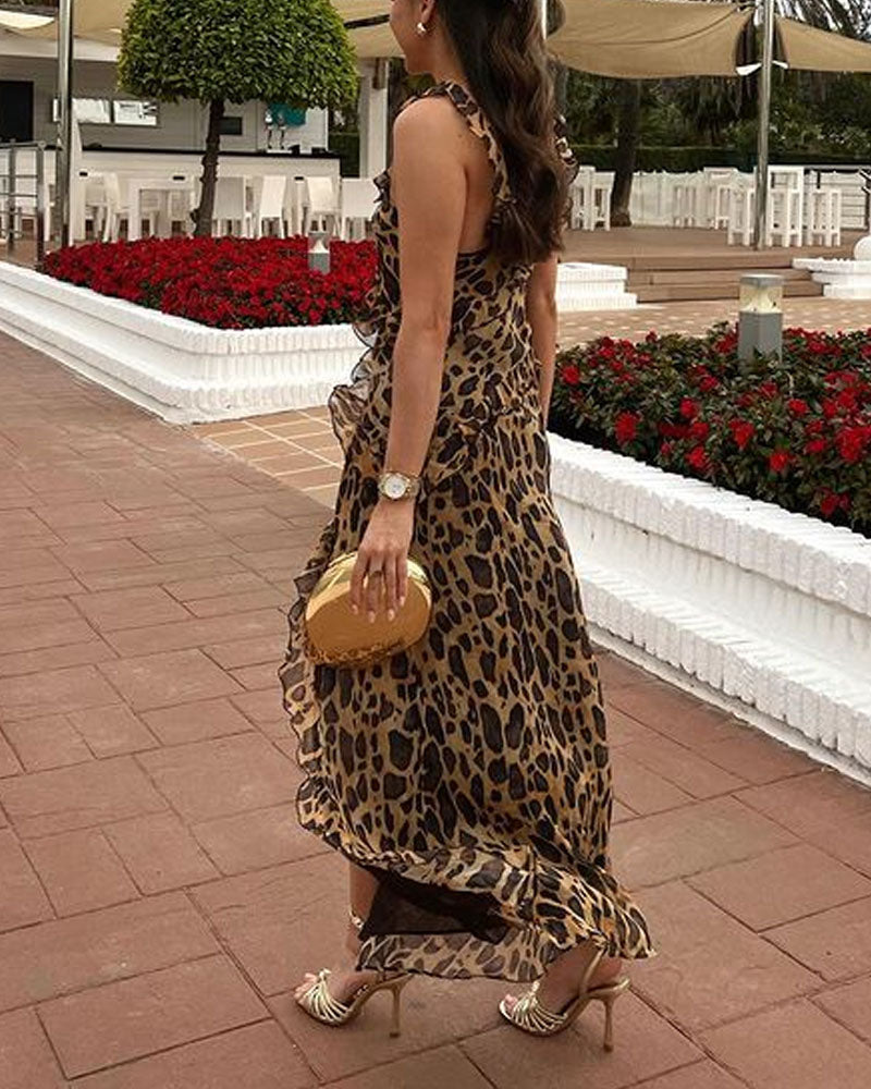 Elegant Leopard Print Split Chiffon Dress