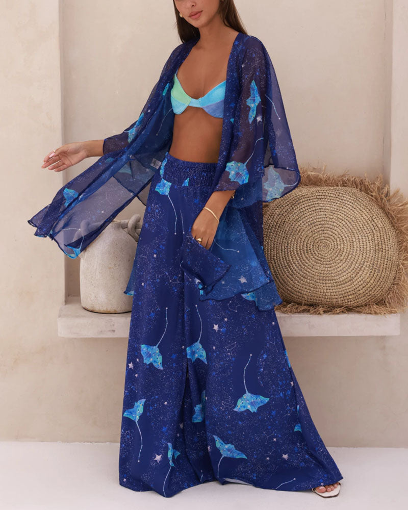 Starry sky blue printed casual two-piece set