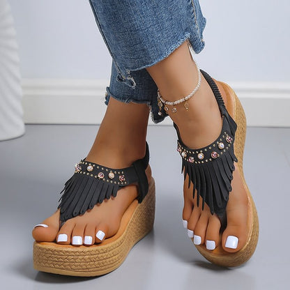 Fringe Trim Rhinestone Pearl Decor Flip Flops Platform Wedge Sandals