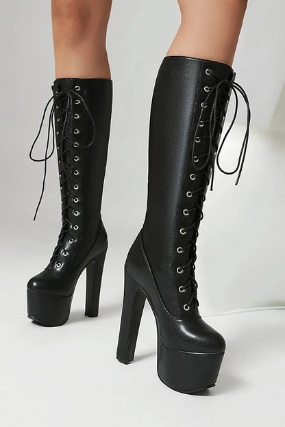 Round Toe Solid Color Lace Up Chunky Heel Platform Knee High Boots