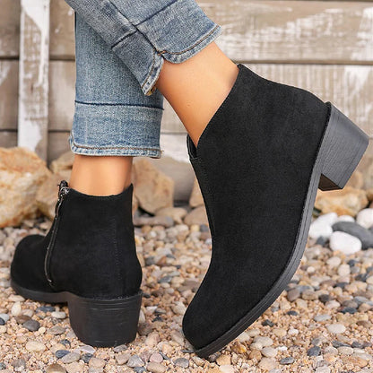 Patchwork Zipper Pointed Toe Chunky Heel Ankle Boots