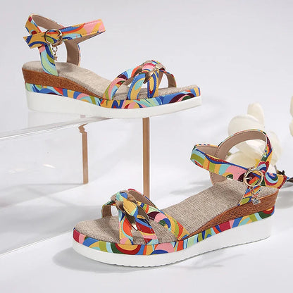 Colourful Swirl Print Alloy Buckle Ankle Strap Platform Wedge Sandals