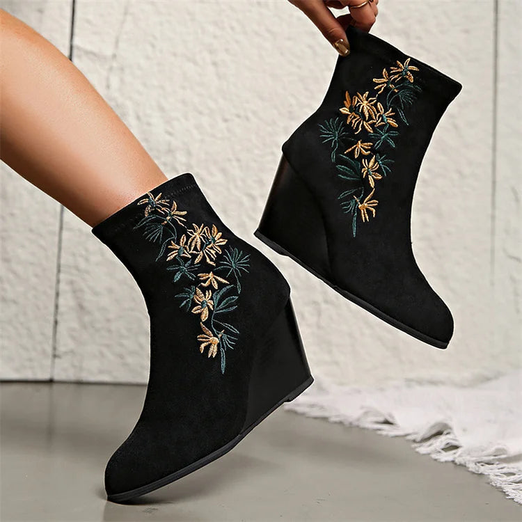 Floral Embroidery Round Toe Wedge Heel Pull On Ankle Boots