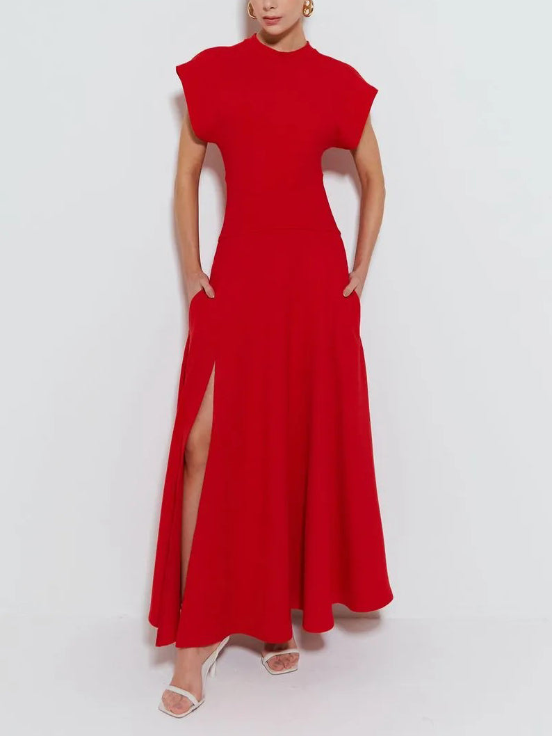 Modern Crew Neck Slit Wide Cuffs Maxi Dress