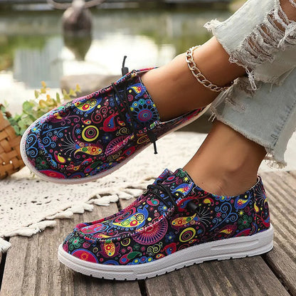 Multicolor Tribal Print Round Toe Lace Up Canvas Sneakers