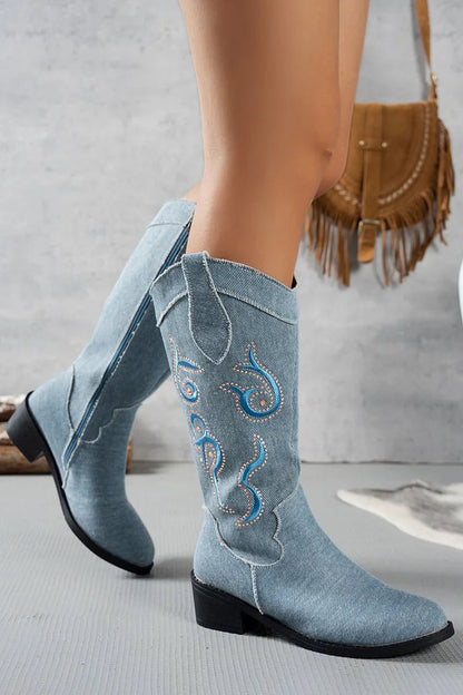 Denim Embroidery Patchwork Zipper Round Toe Chunky Heel Knee High Boots