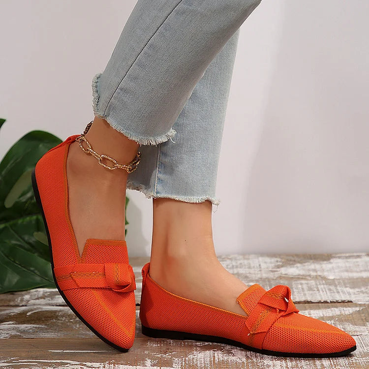 Color Matching Bow Knotted Pointy Toe Knit Flats