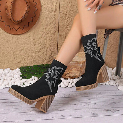 Embroidery Round Toe Chunky Heel Pull On Mid Boots