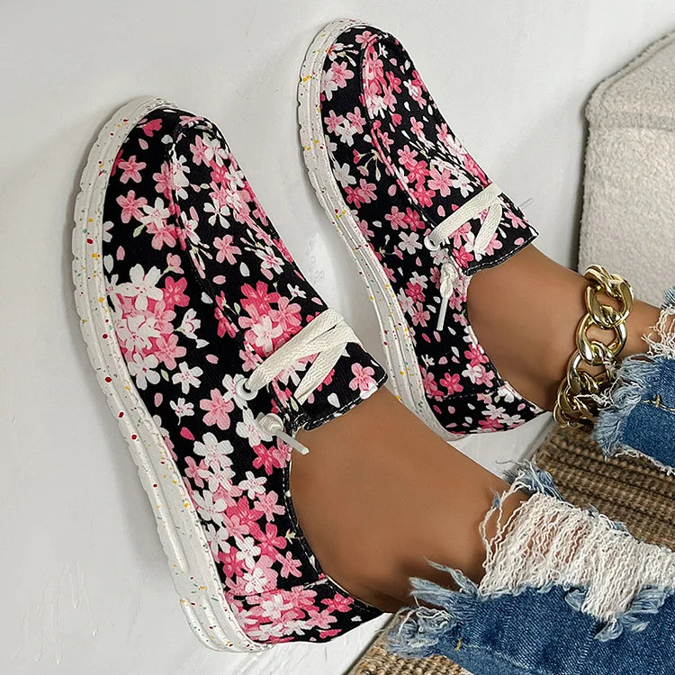 Colorblock Floral Print Round Toe Lace Up Canvas Sneakers