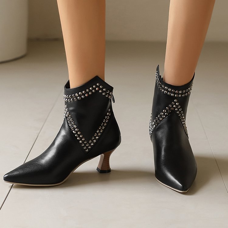 Colorblock Pattern Pointed Toe Rhinestone Decor Ankle Boots