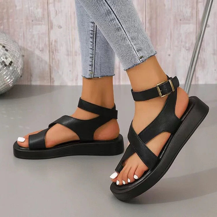 Cross Belt Ankle Strap Buckle Square Toe Platform Toe Ring Sandals