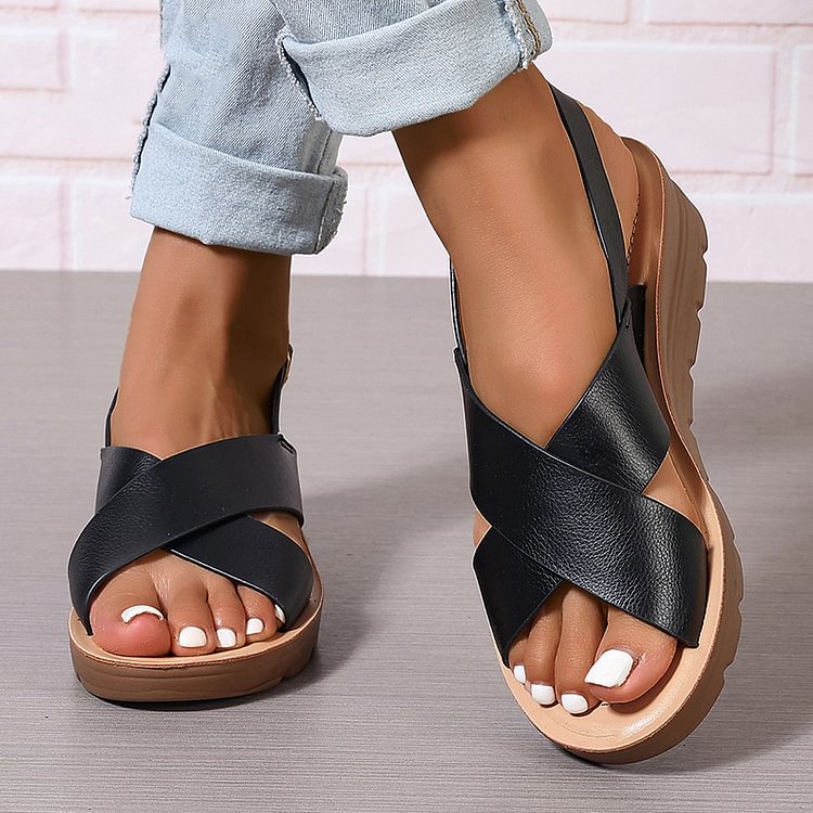 Cross Belt Slingback Strap Buckle Peep Toe Wedge Sandals