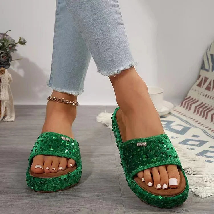 Sequin Double Straps Buckles Platform Soft-Soled Slippers