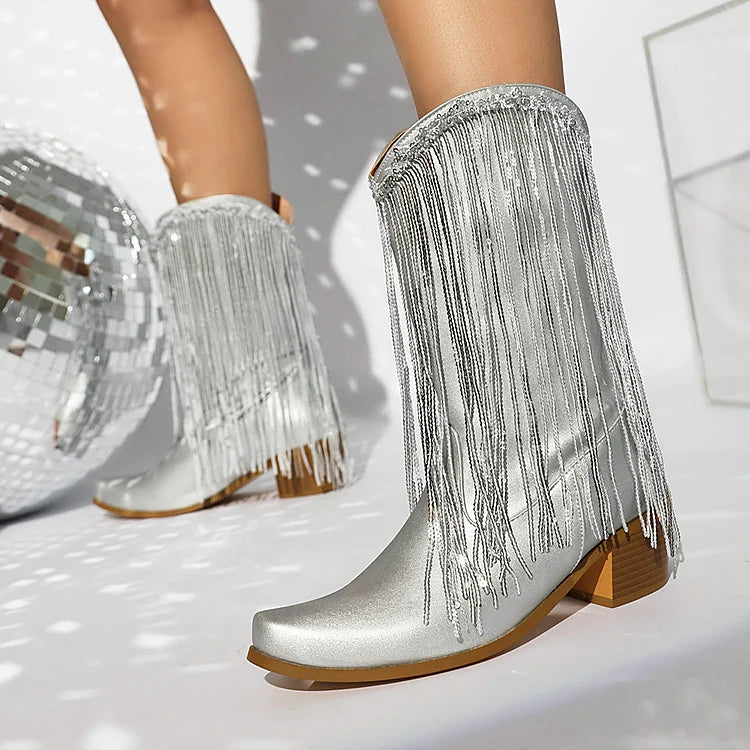 Metallic Sheen Fringed Trim Pointed Toe Chunky Heel Mid Boots