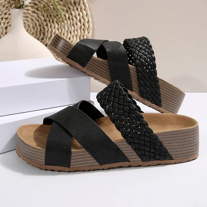 Crochet Cross Strap Round Toe Plain Casual Platform Slippers