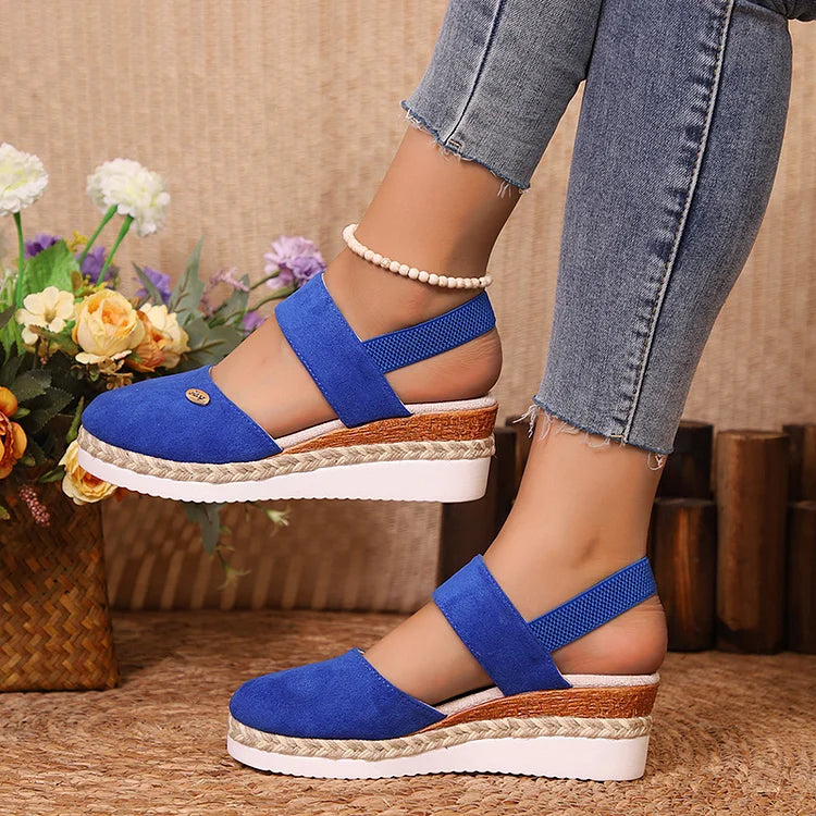 Metal Decor Slingback Strap Closed Toe Plain Espadrille Wedge Sandals