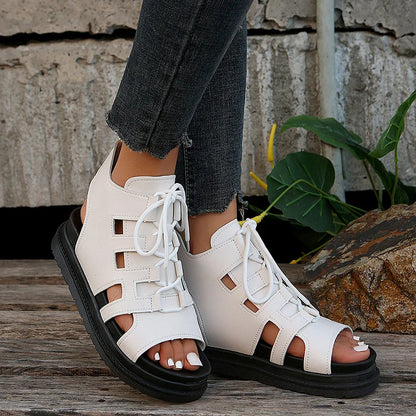 Casual Hollowed Lace Up Peep Toe Muffin Sandals