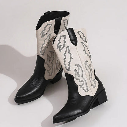 Colorblock Embroidery Pointed Toe Chunky Heel Mid Calf Boots