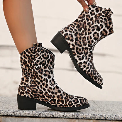 Patchwork Round Toe Leopard Print Chunky Heel Mid Boots