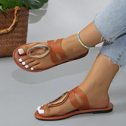 Cut Out Metal Ring Decor Stitch Detail Flip Flops Casual Slippers