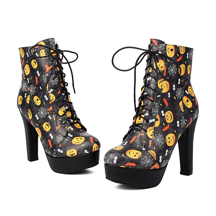 Halloween Scary Pumpkin Print Chunky Heel Lace Up Ankle Boots