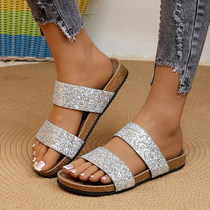 Shimmering Sequin Double Instep Straps Round Toe Soft-Soled Slippers