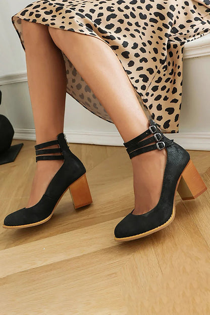 Casual Ankle Straps Buckles Plain Chunky Heels