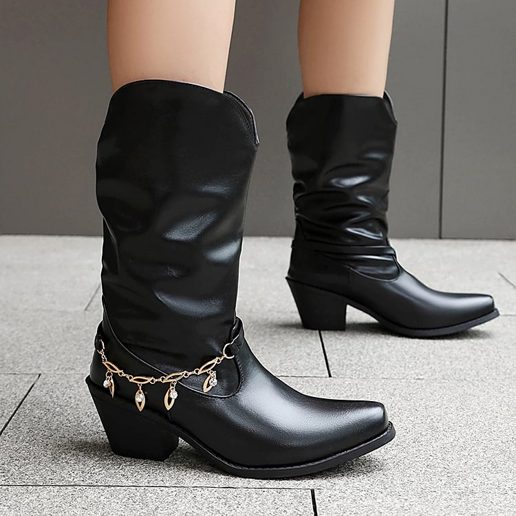 Metal Chain Decor Patchwork Square Toe Chunky Heel Mid Calf Boots