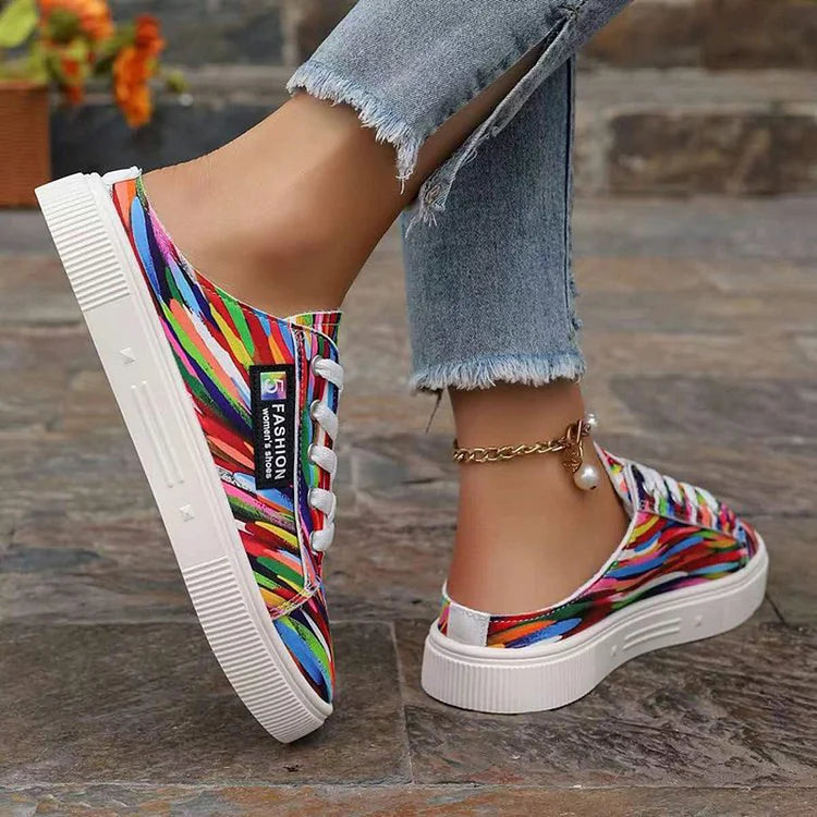 Canvas Multicolor Print Round Toe Slip On Lace Up Sneakers