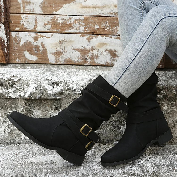 Multi Straps Buckles Patchwork Round Toe Solid Color Mid Boots