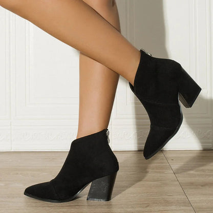 V Cut Pointed Toe Chunky Heels Plain Ankle Boots