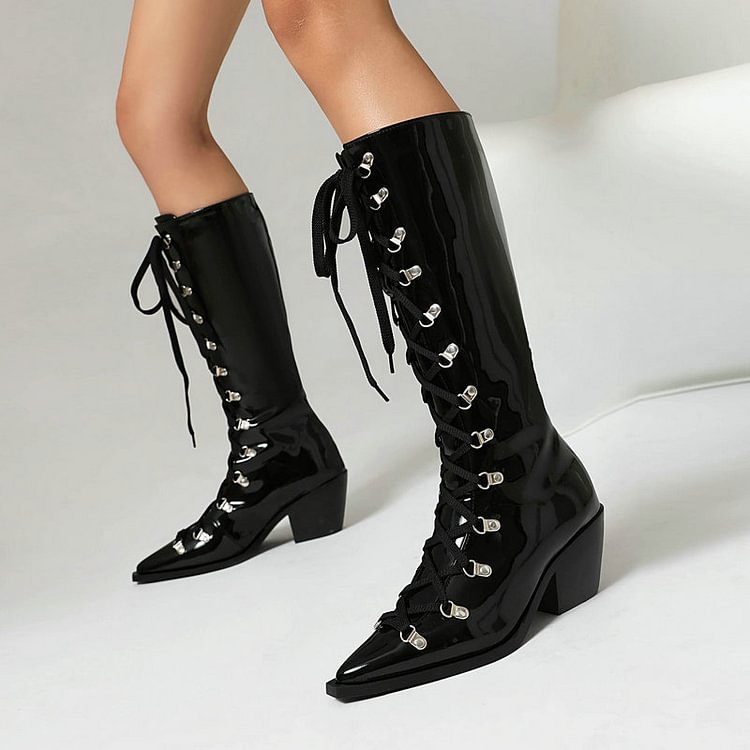 Solid Color Pointed Toe Chunky Heel Lace Up Knee High Boots