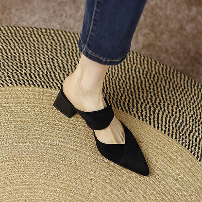 Wrapped Pointy Toe Hollow Out Slippers Chunky Heels