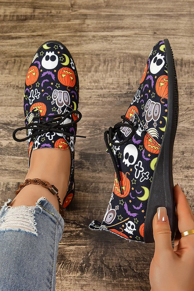 Halloween Ghost Pumpkin Print Round Toe Lace Up Casual Shoes