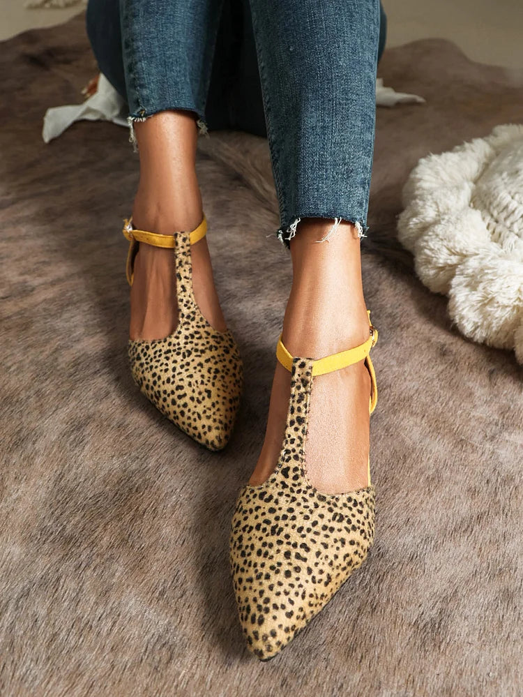 Women's Leopard Print Colorblock Ankle Straps Buckle Pointy Toe Casual Flats